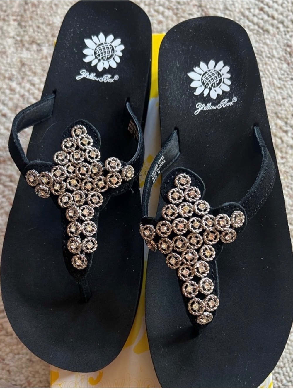 NEW:  Yellow Box Black Embellished T-Strap Sandals